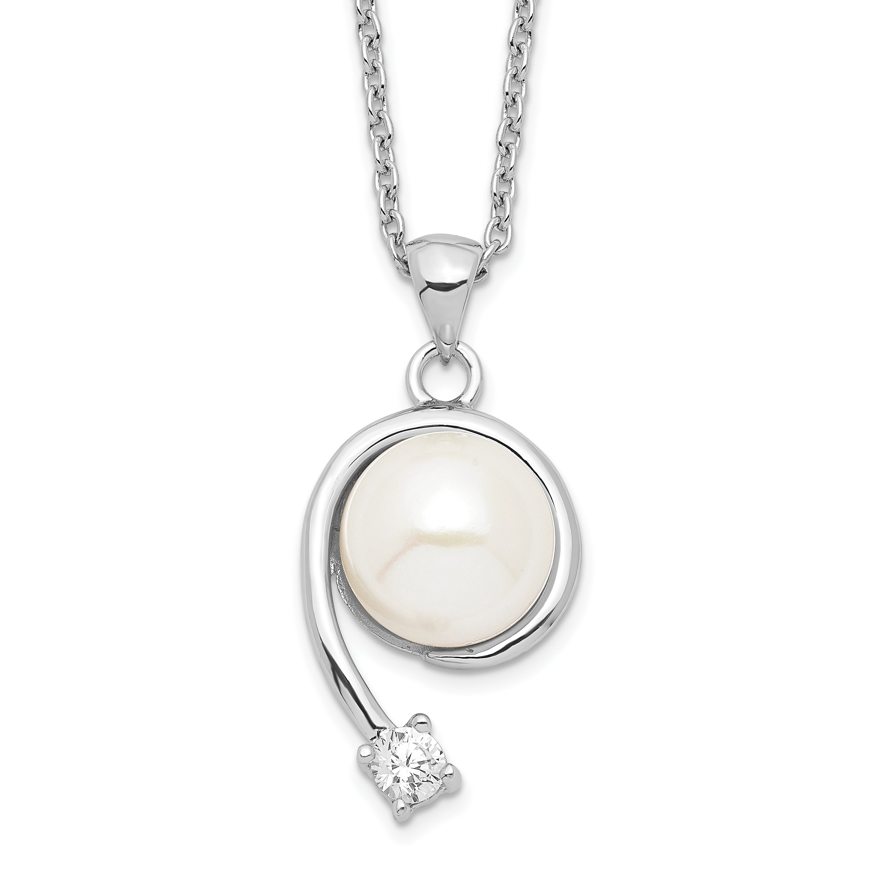Sterling Silver Rhodium-plated 8-9mm White FWC Pearl CZ Pendant Necklace Main image
