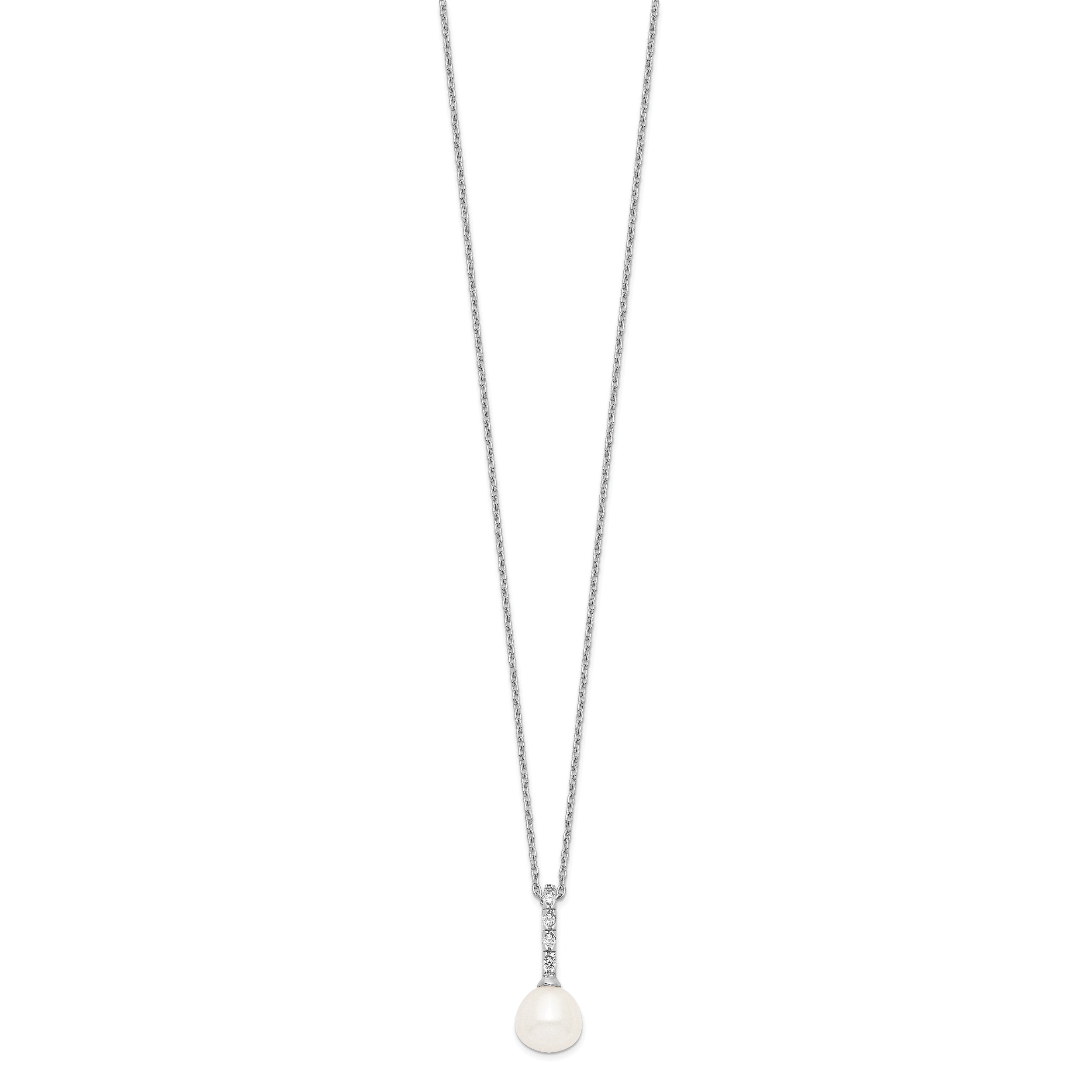 Sterling Silver Rhodium-Plated Pearl CZ Necklace Elegant Women's Jewelry - 17