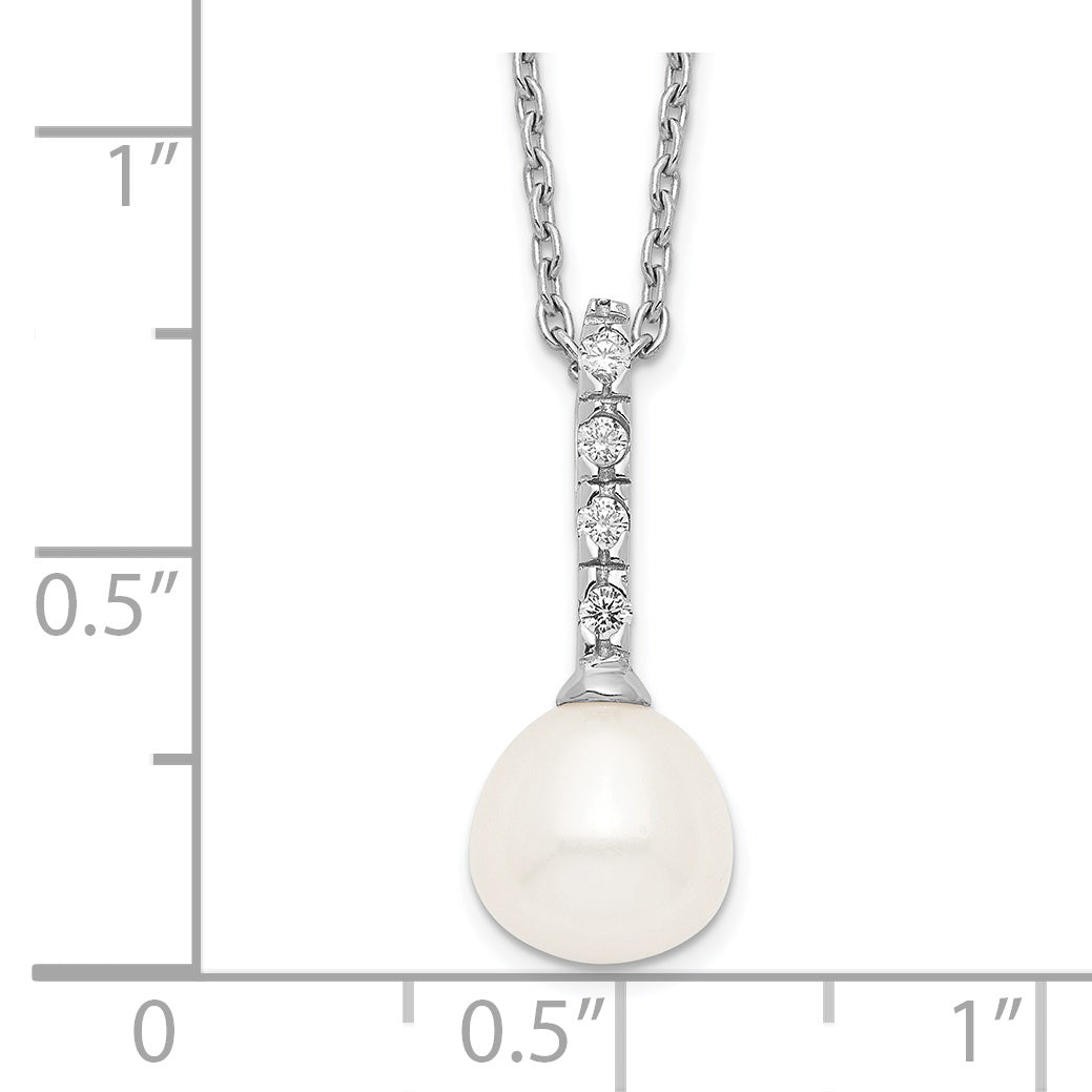 Sterling Silver Rhodium-Plated Pearl CZ Necklace Elegant Women's Jewelry - 17