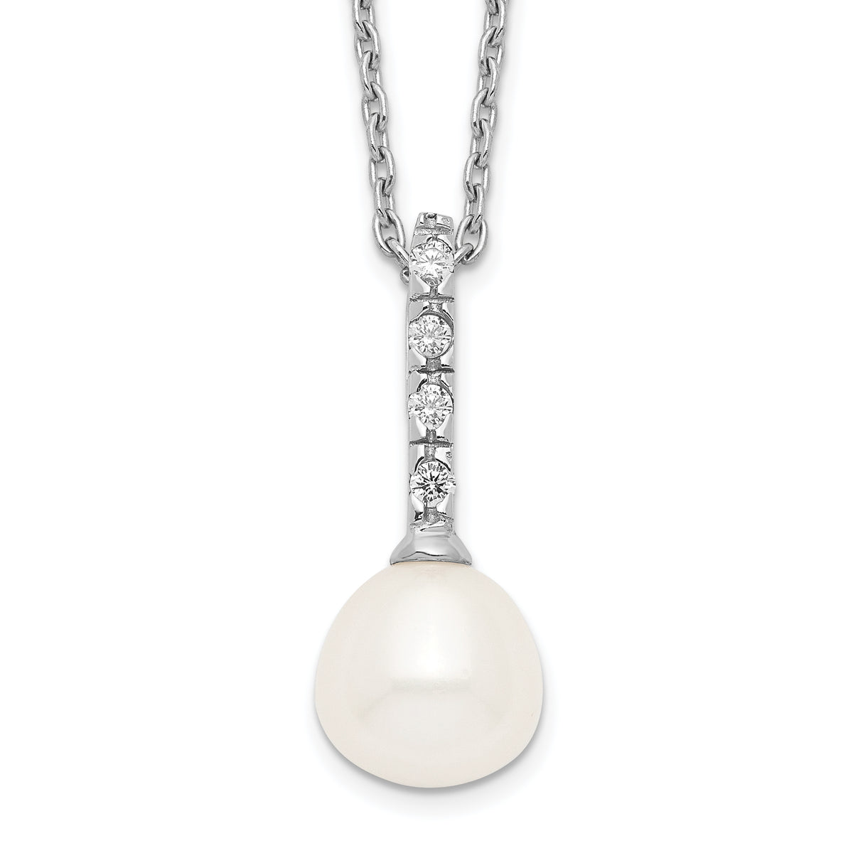 Sterling Silver Rhodium-plated 7-8mm White FWC Pearl CZ Necklace