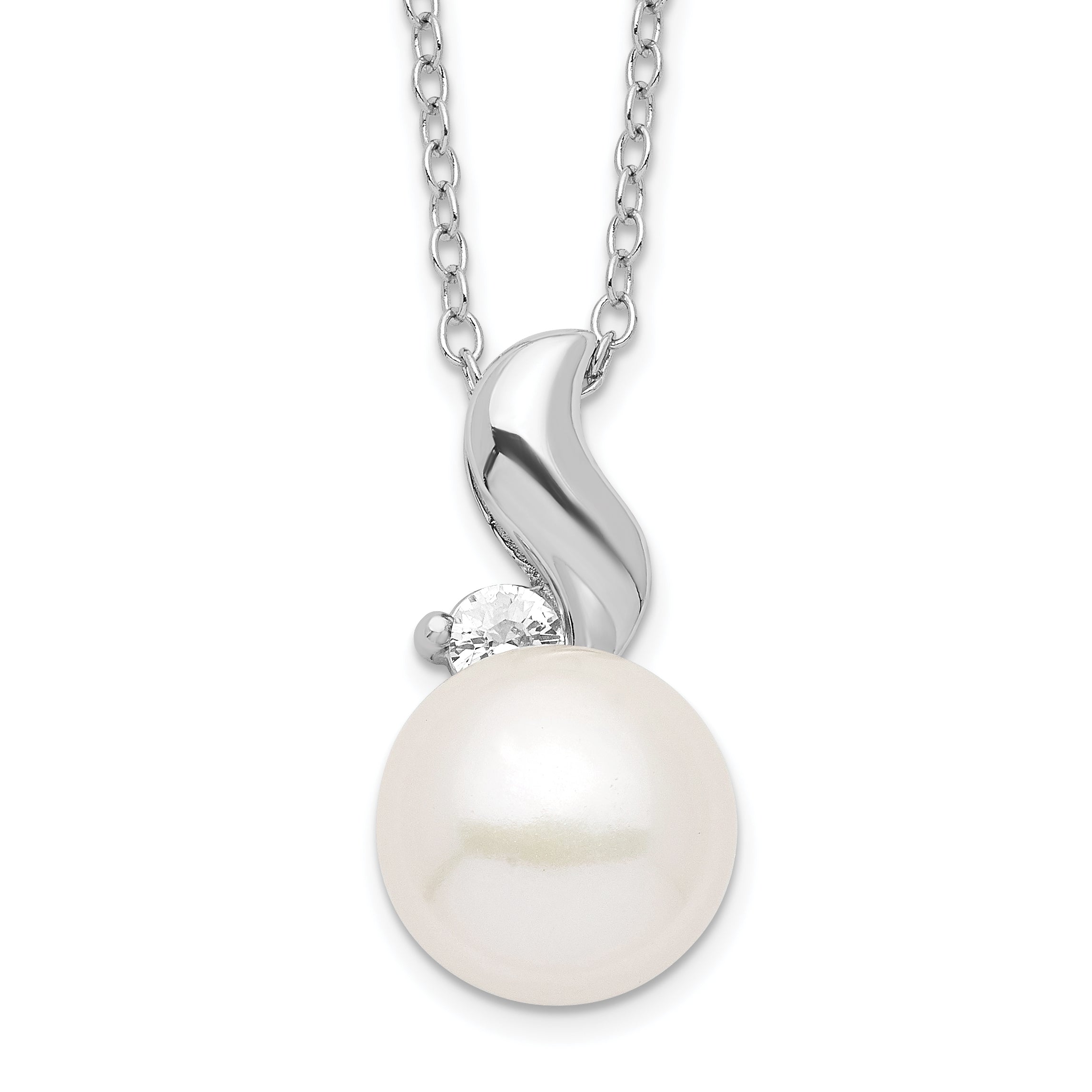 Sterling Silver Rhodium 9-10mm White FWC Pearl CZ Necklace Main image