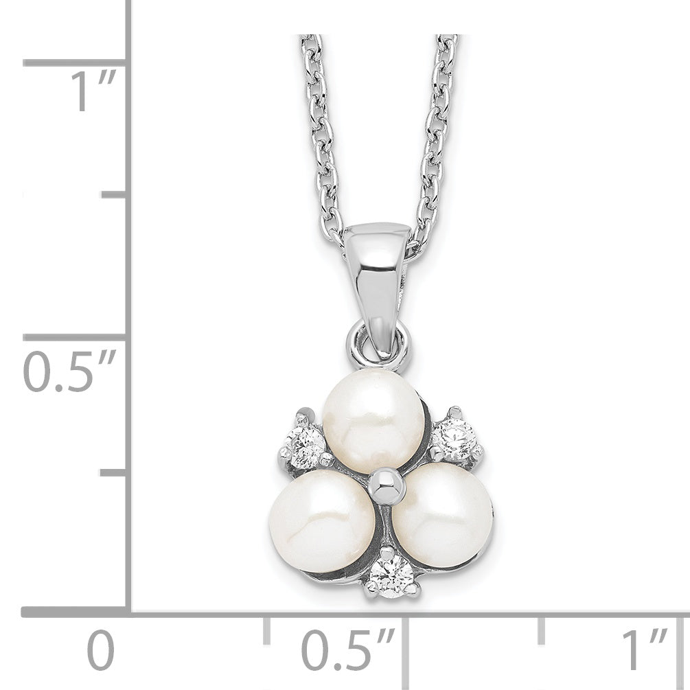 Sterling Silver Rhodium-plated 5-6mm White FW Cultured 3-Pearl CZ Necklace