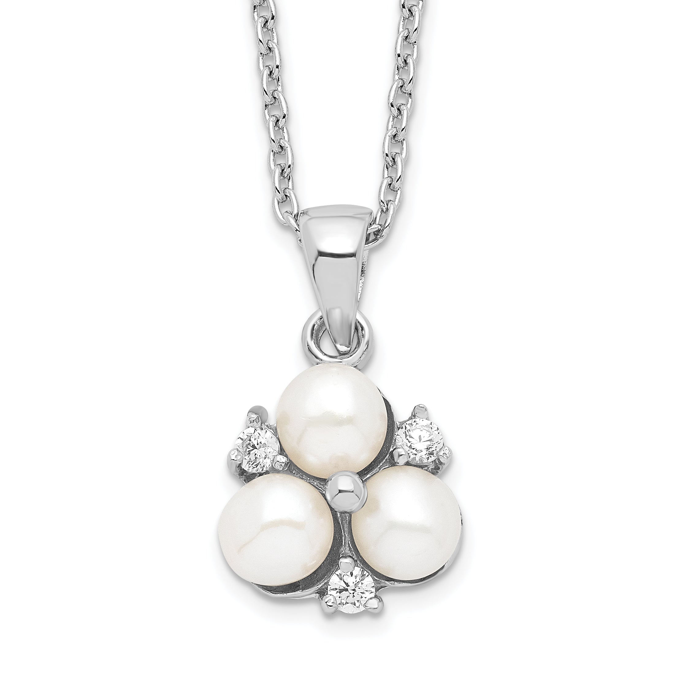Sterling Silver Rhodium-plated 5-6mm White FW Cultured 3-Pearl CZ Necklace