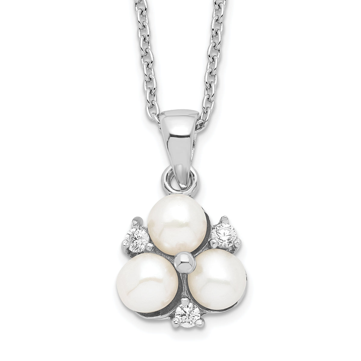 Sterling Silver Rhodium-plated 5-6mm White FW Cultured 3-Pearl CZ Necklace