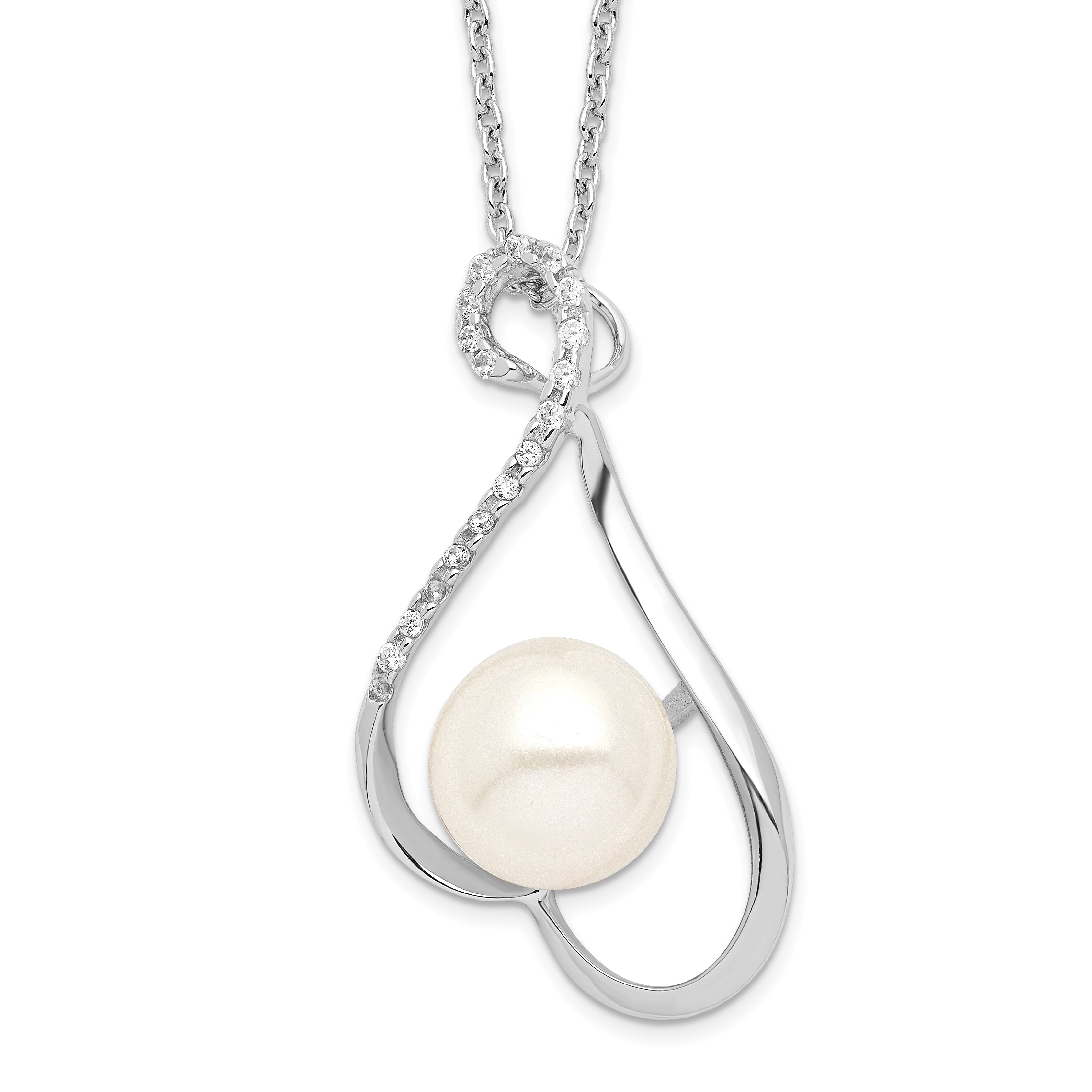 Sterling Silver Rhodium-plated 9-10mm White FWC Pearl CZ  Necklace