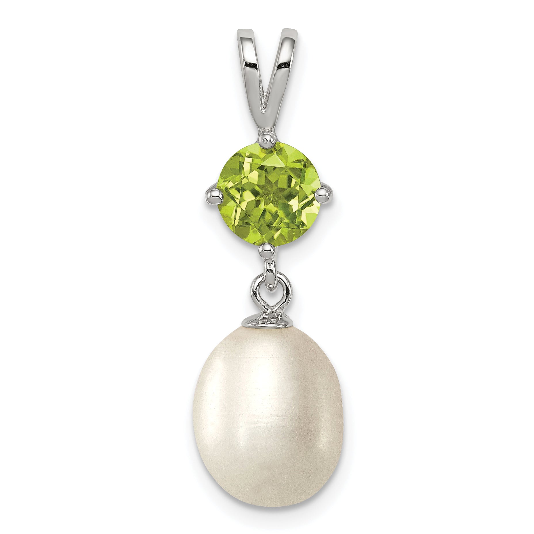 Sterling Silver Rhodium-plated Peridot 8-9mm FWC Pearl Teardrop Pendant