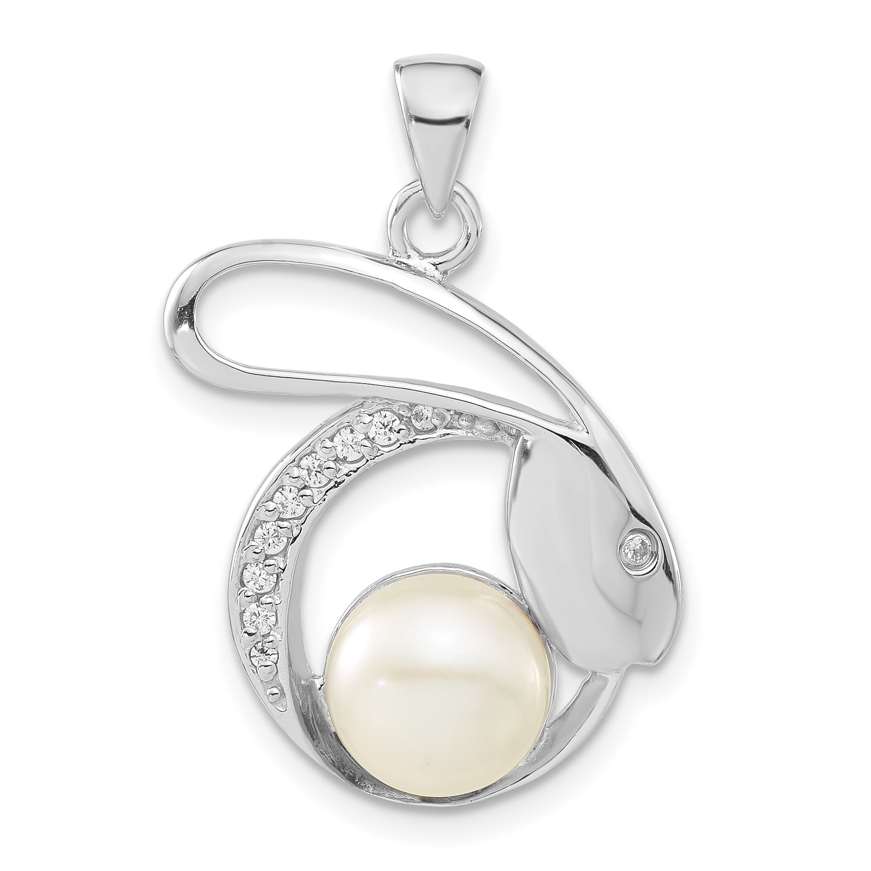 Sterling Silver Polished CZ & 8-9mm FW Cultured Pearl Rabbit Pendant Main image