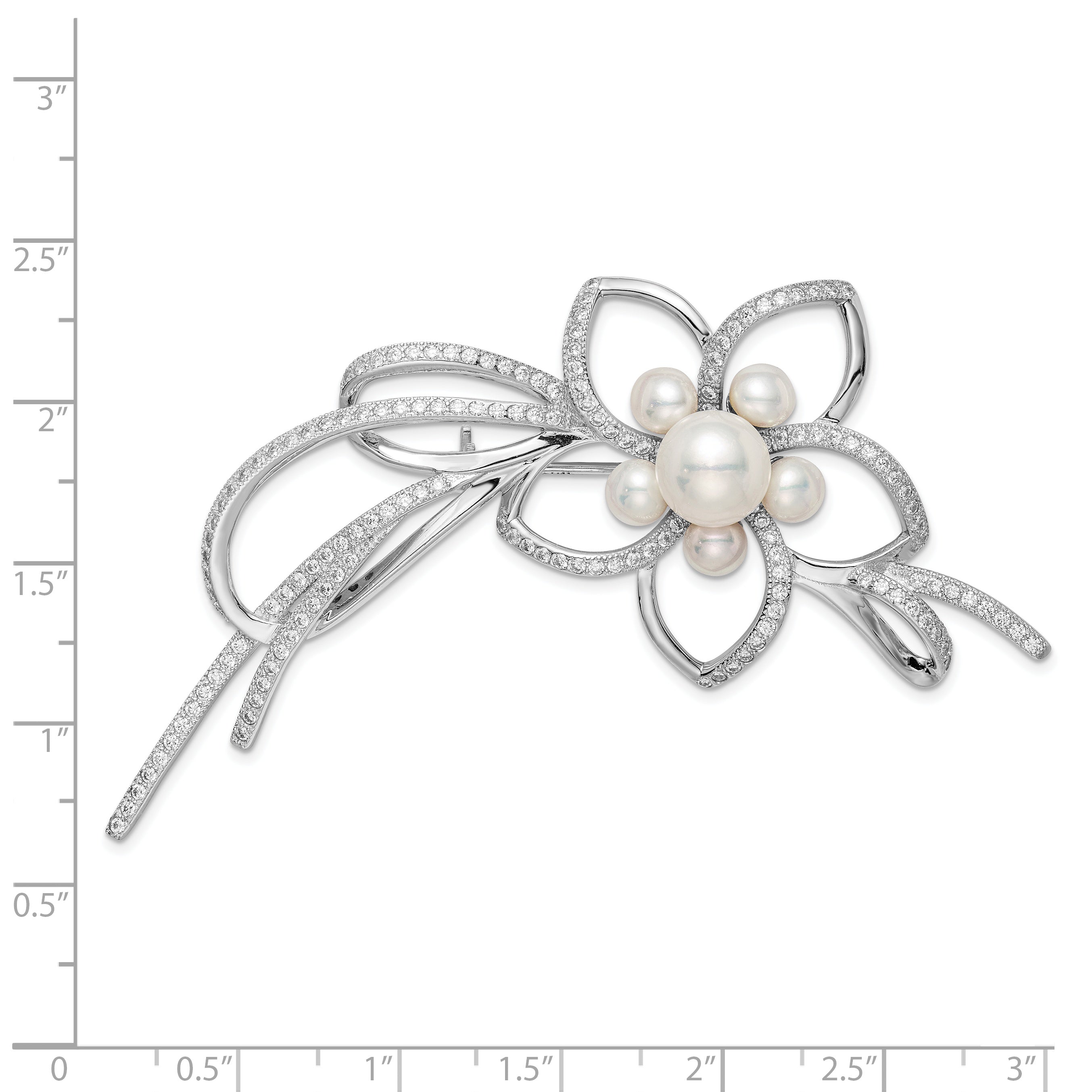 Sterling Silver Rhodium-plated CZ Ribbion and Flower with 4-7mm White Freshwater Cultured Pearls Pin Brooch