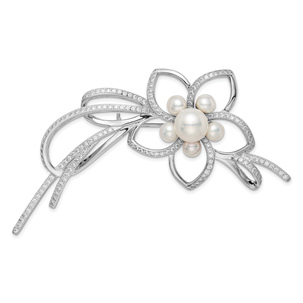 Sterling Silver Rhodium-plated CZ Ribbion and Flower with 4-7mm White Freshwater Cultured Pearls Pin Brooch