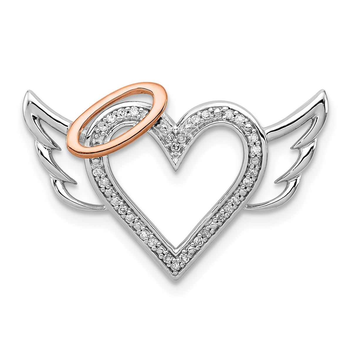 Sterling Silver Rhodium W/10K Rose Gold Dia. Heart/Wings Slide Pendant