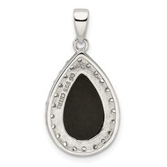 Sterling Silver Rhodium-plated CZ and Onyx Tear drop Pendant