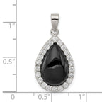 Sterling Silver Rhodium-plated CZ and Onyx Tear drop Pendant