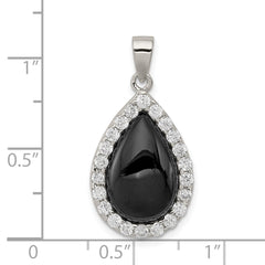 Sterling Silver Rhodium-plated CZ and Onyx Tear drop Pendant