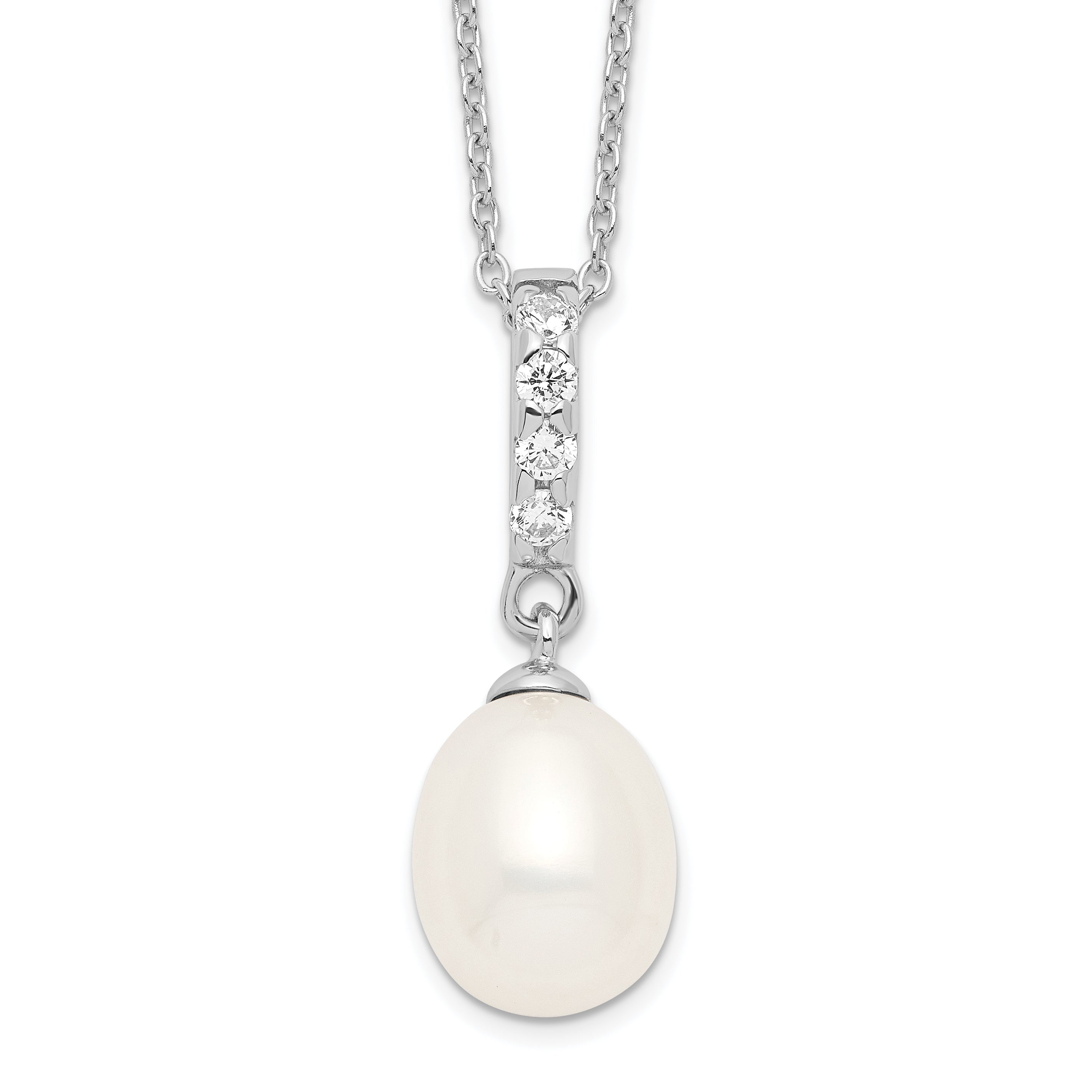 Sterling Silver Rhodium-plated 8-9mm White FWC Pearl CZ Necklace