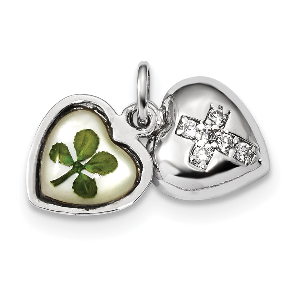 Sterling Silver Platinum Plate Leaf Clover Epoxy & Shell CZ Heart Charm Main image