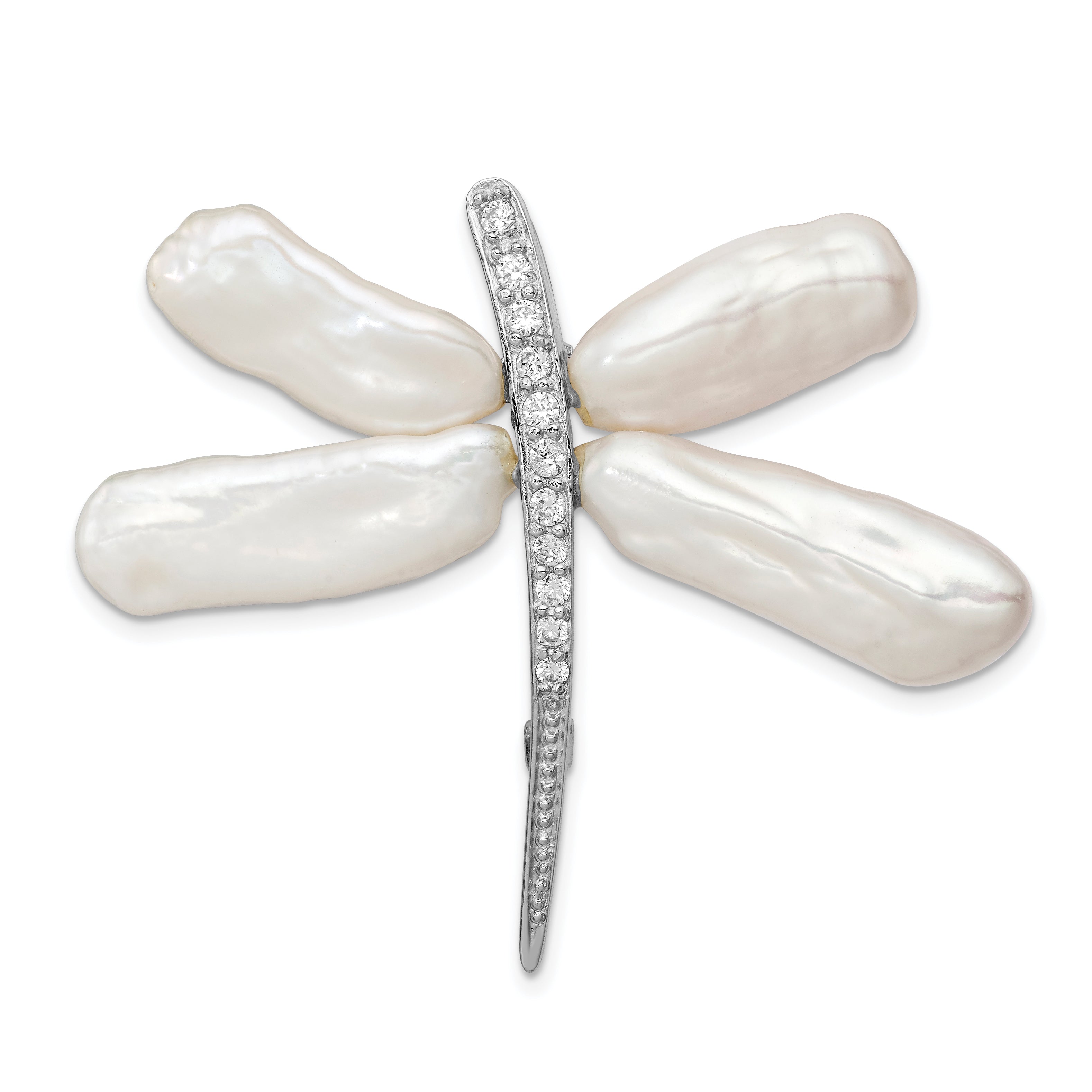 Sterling Silver Rhodium-plated White Baroque Freshwater Cultured Pearl and CZ Dragonfly Slide Pin Brooch Main image
