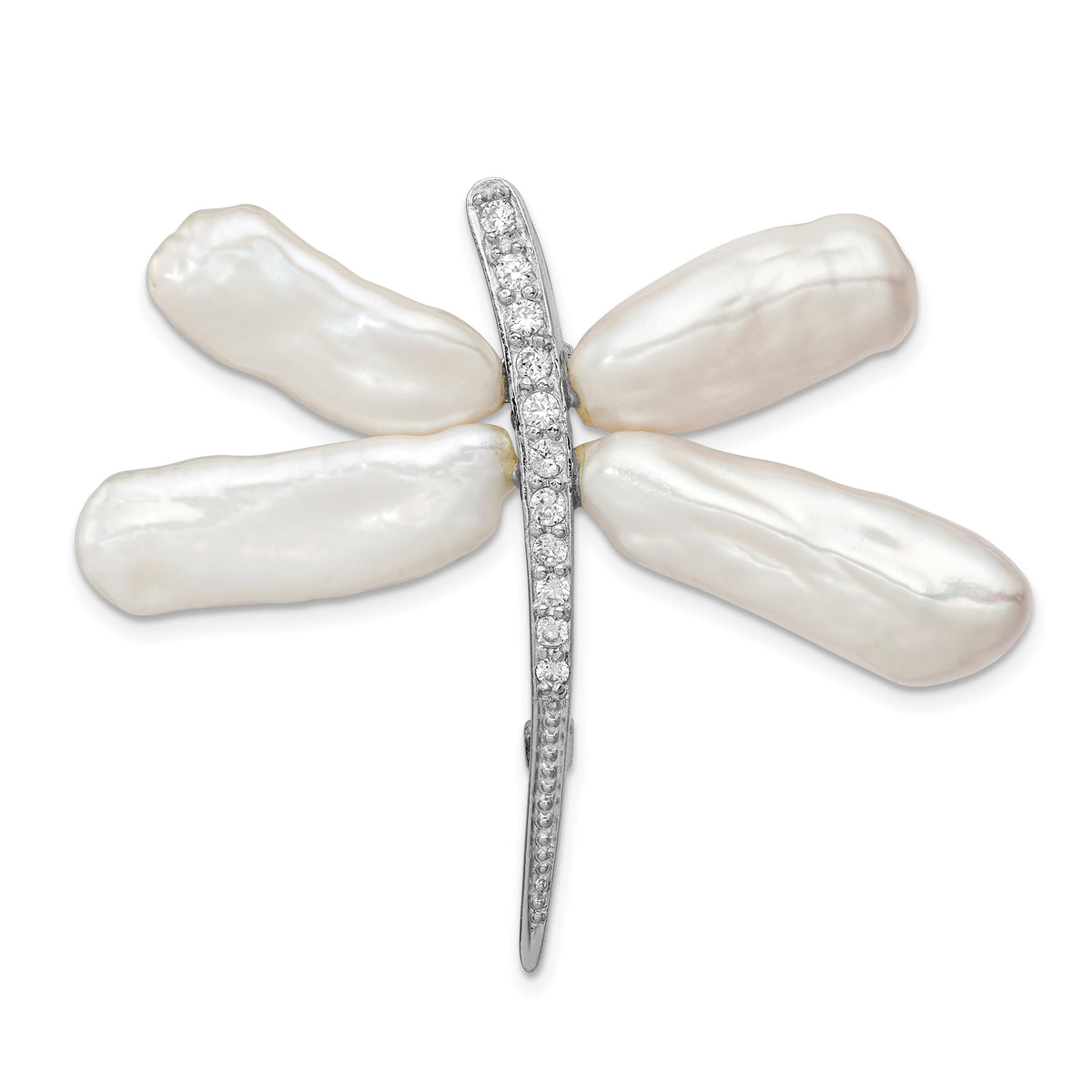 Sterling Silver Rhodium-plated White Baroque Freshwater Cultured Pearl and CZ Dragonfly Slide Pin Brooch