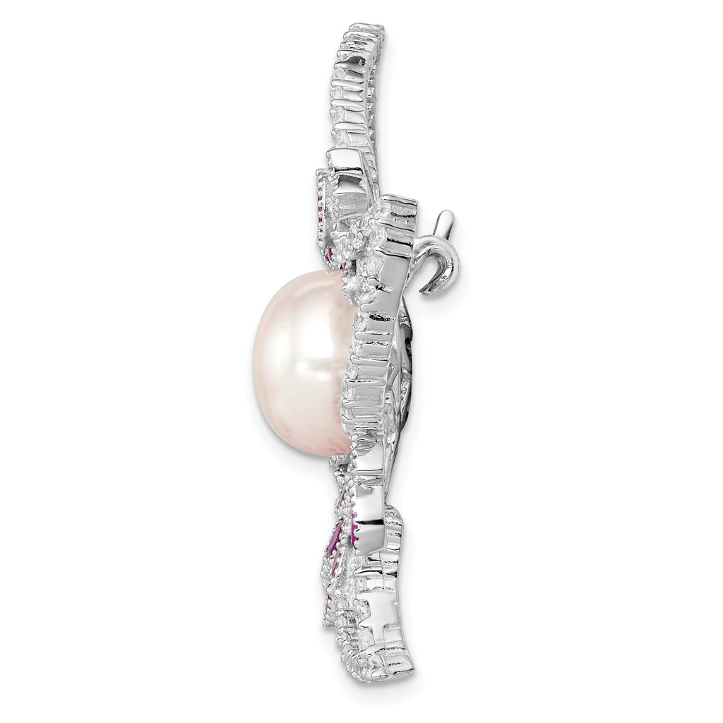 Sterling Silver Filigree Flower Brooch with Pearl and Pink Corundum Accents