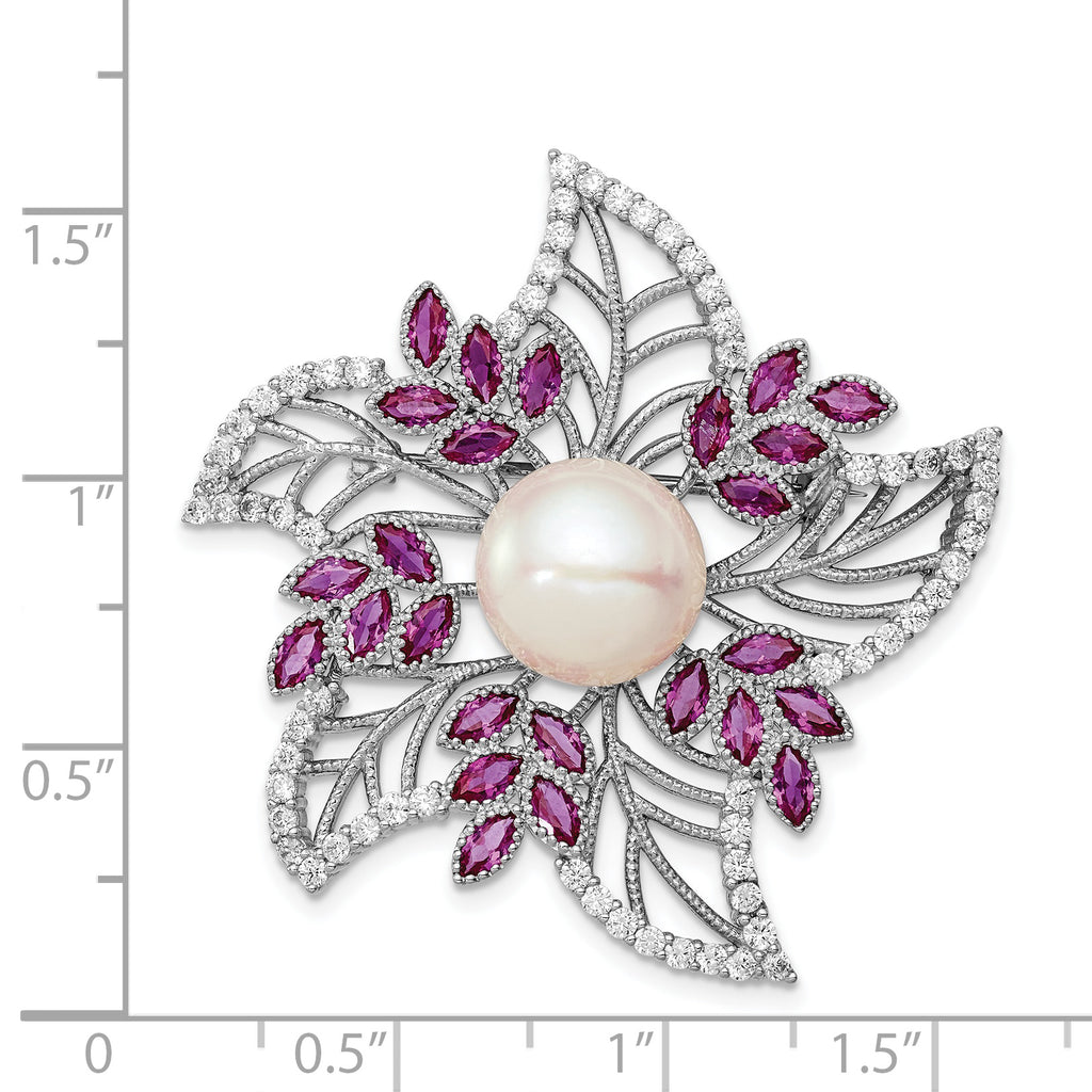 Sterling Silver Filigree Flower Brooch with Pearl and Pink Corundum Accents