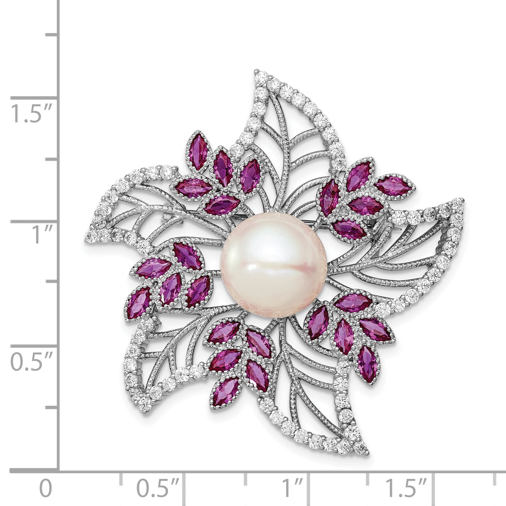Sterling Silver Filigree Flower Brooch with Pearl and Pink Corundum Accents