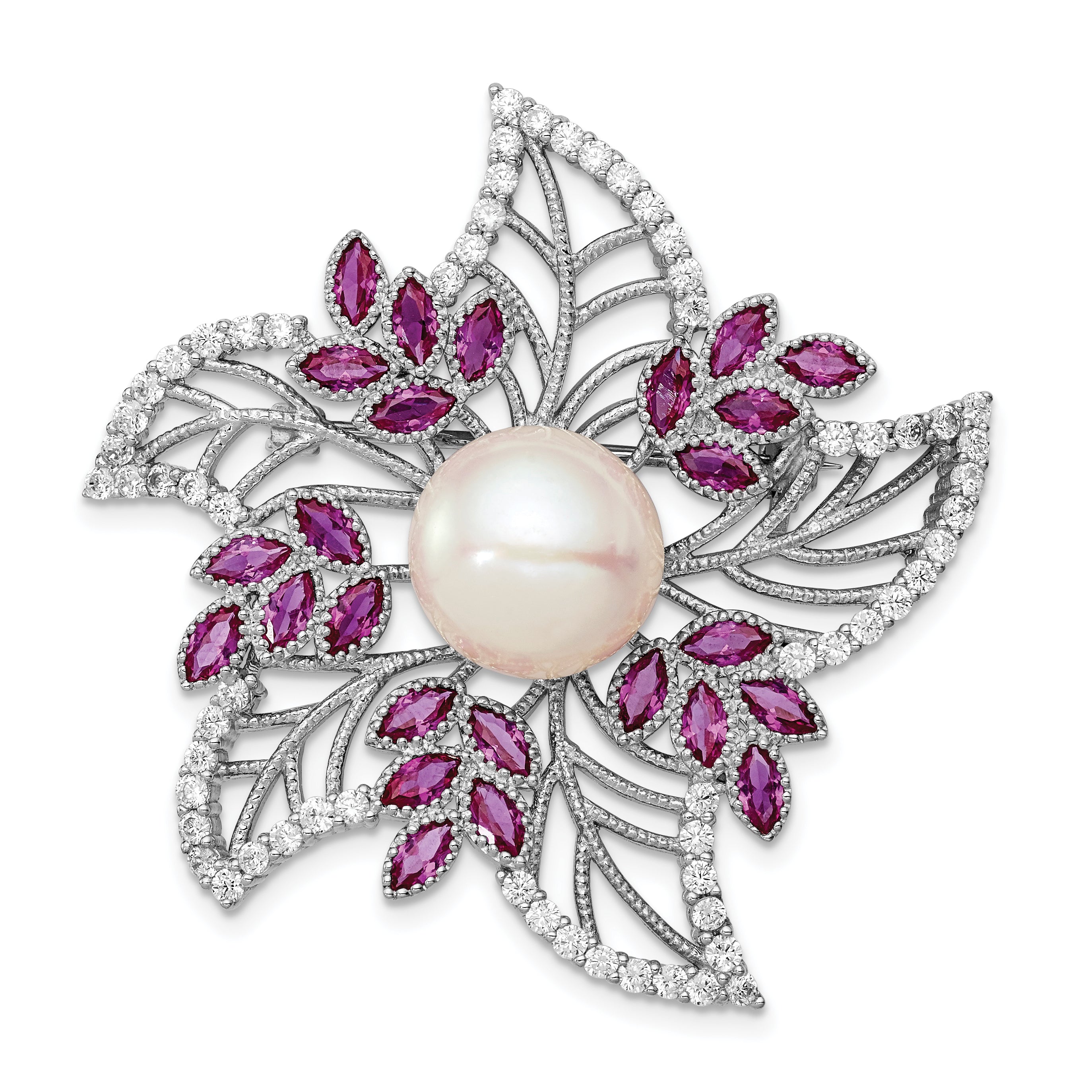 Sterling Silver Rhodium-plated Filigree Flower with Clear CZ and Pink Corundum Stone Accents and 10-11mm White Freshwater Cultured Pearl Pin Brooch