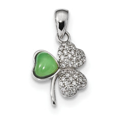 Sterling Silver Rhodium-plated Polished CZ & Green Jade Clover Pendant