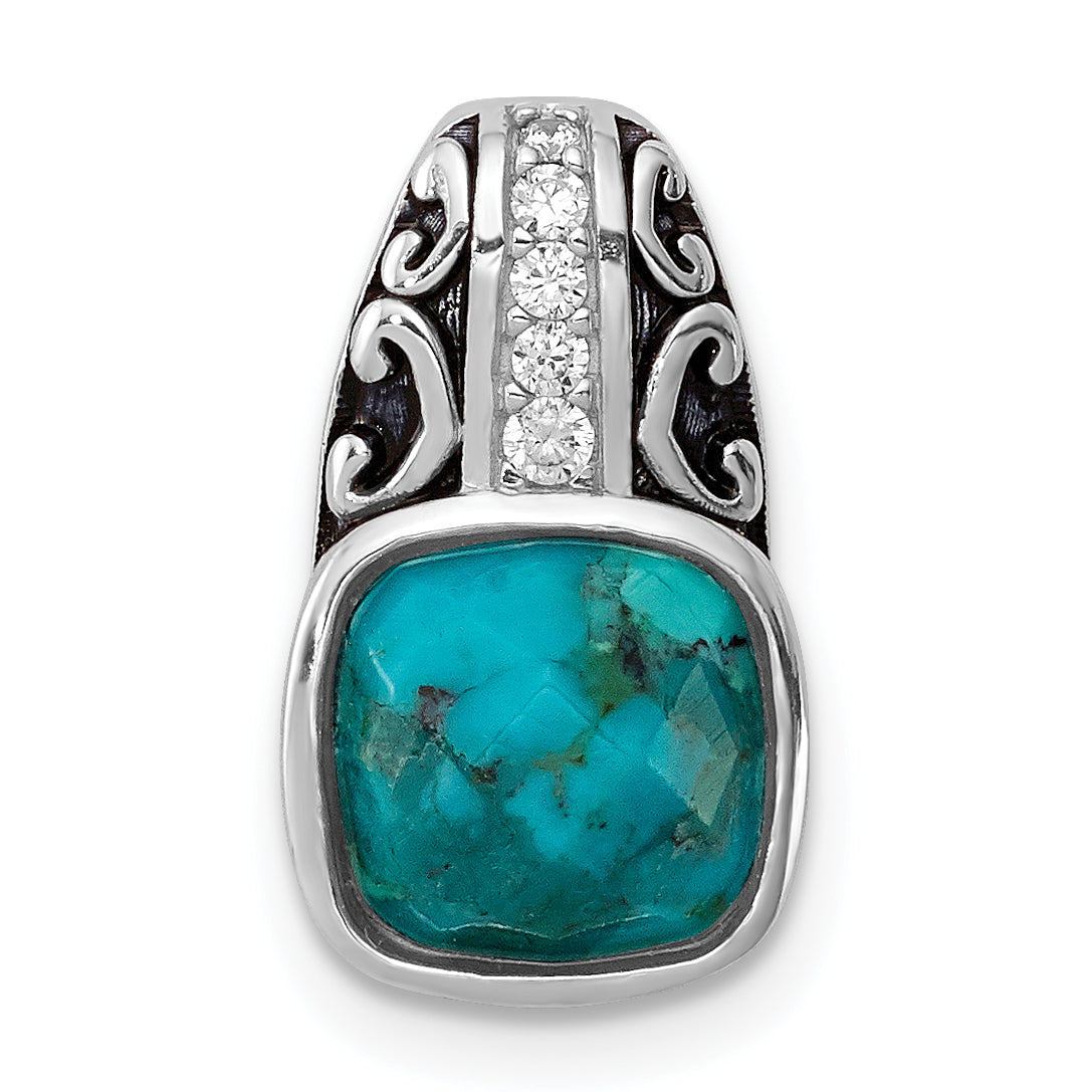 Sterling Silver Rhodium-plated Oxidized Recon. Turquoise&CZ Pendant