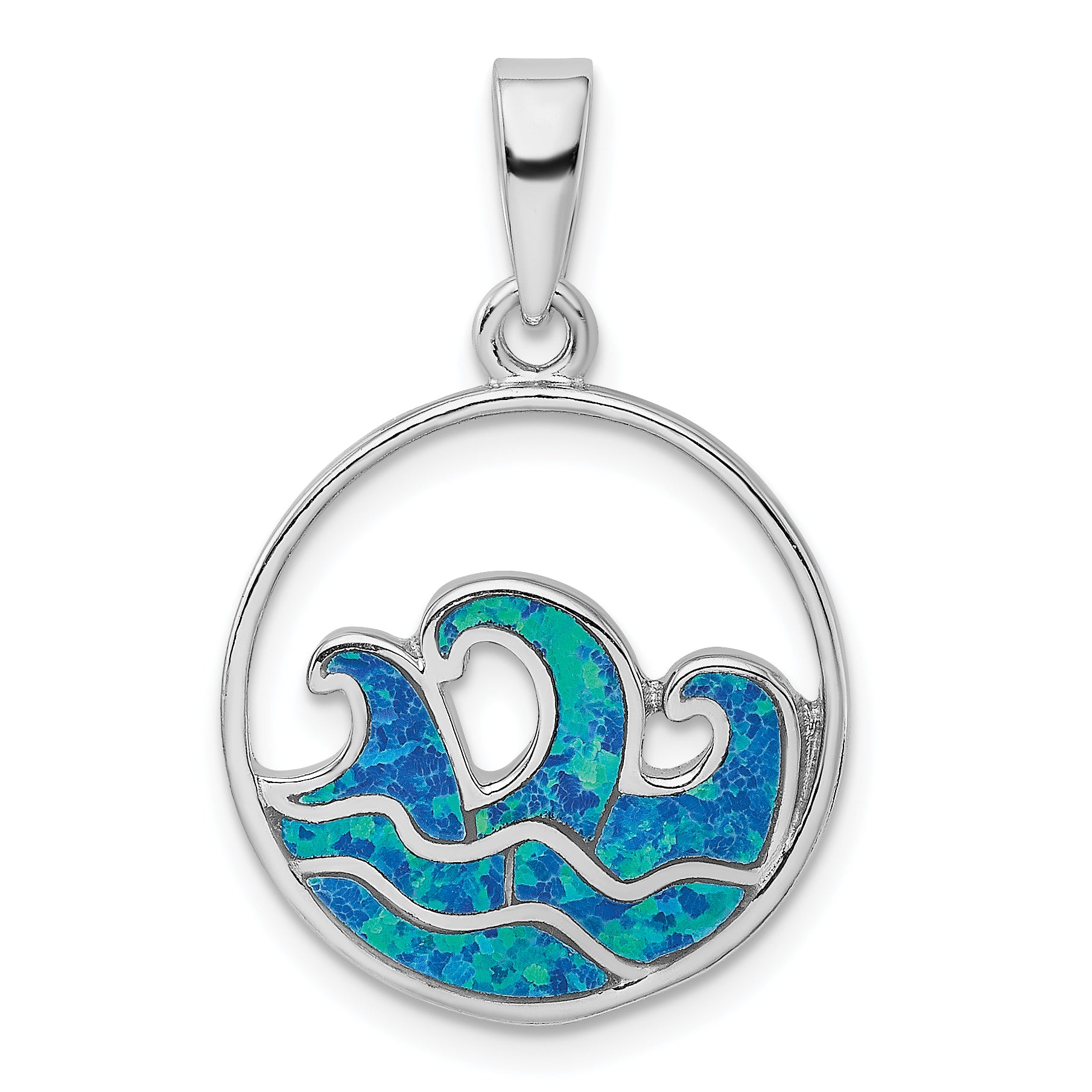 Sterling Silver Rhodium-plated Blue Created Opal Wave Pendant Main image