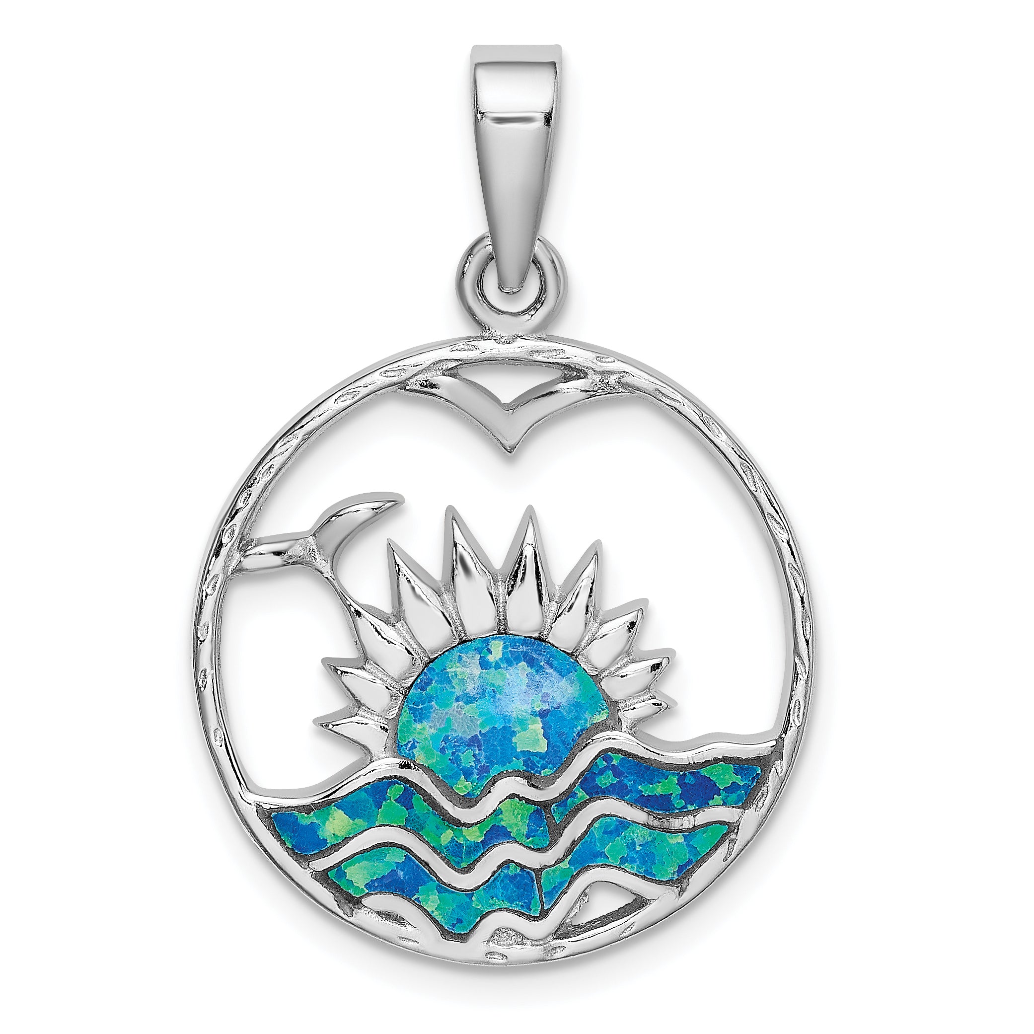 Sterling Silver Rhod-plated Blue Inlay Created Opal Sunrise Pendant Main image