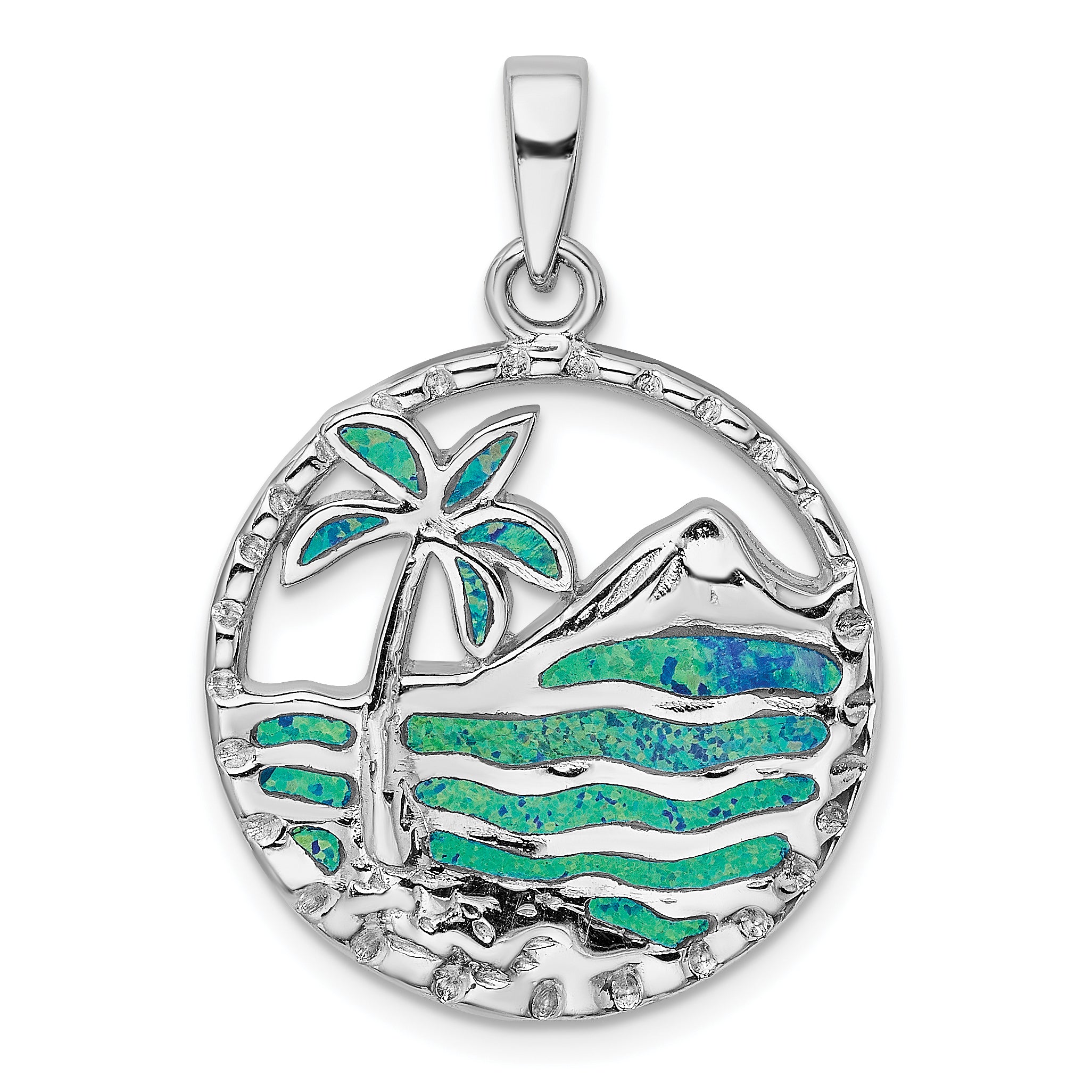 Sterling Silver Rhod-plated Created Opal Palm Tree Ocean Pendant Main image