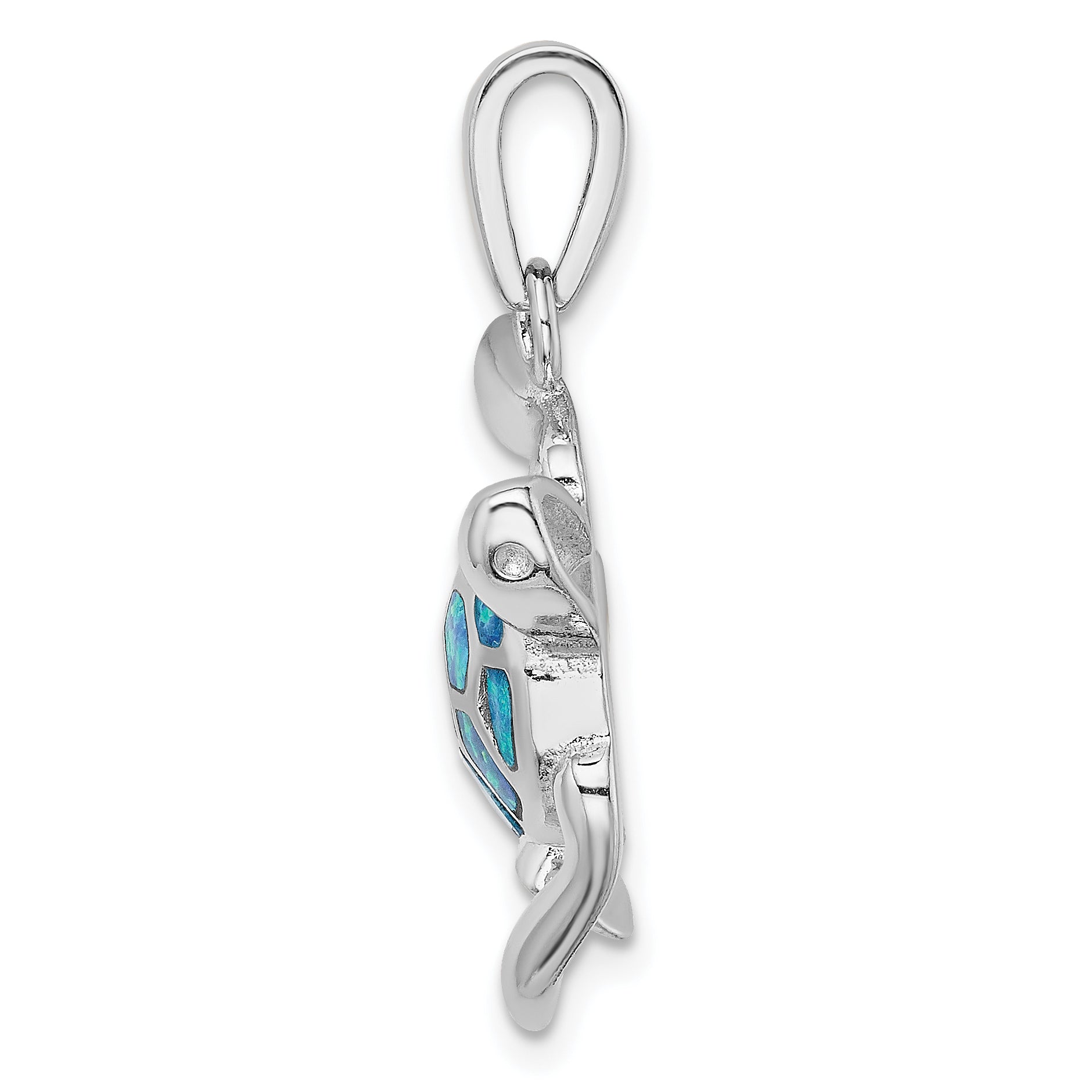 Sterling Silver Rhodium-plated Blue Inlay Created Opal Turtle Pendant Secondary image