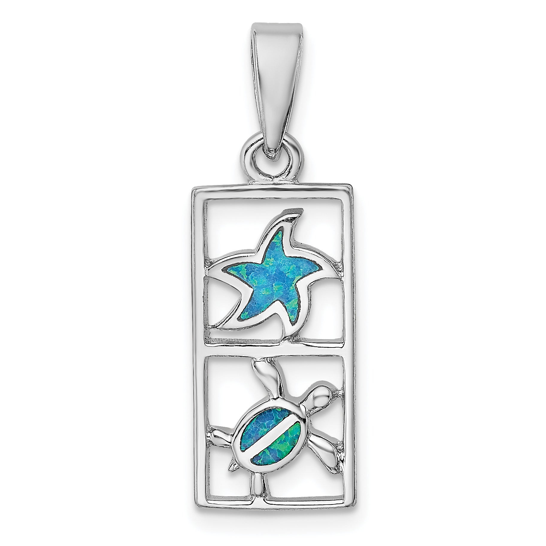 Sterling Silver Rhodium-plated Blue Created Opal Starfish Turtle Pendant Main image