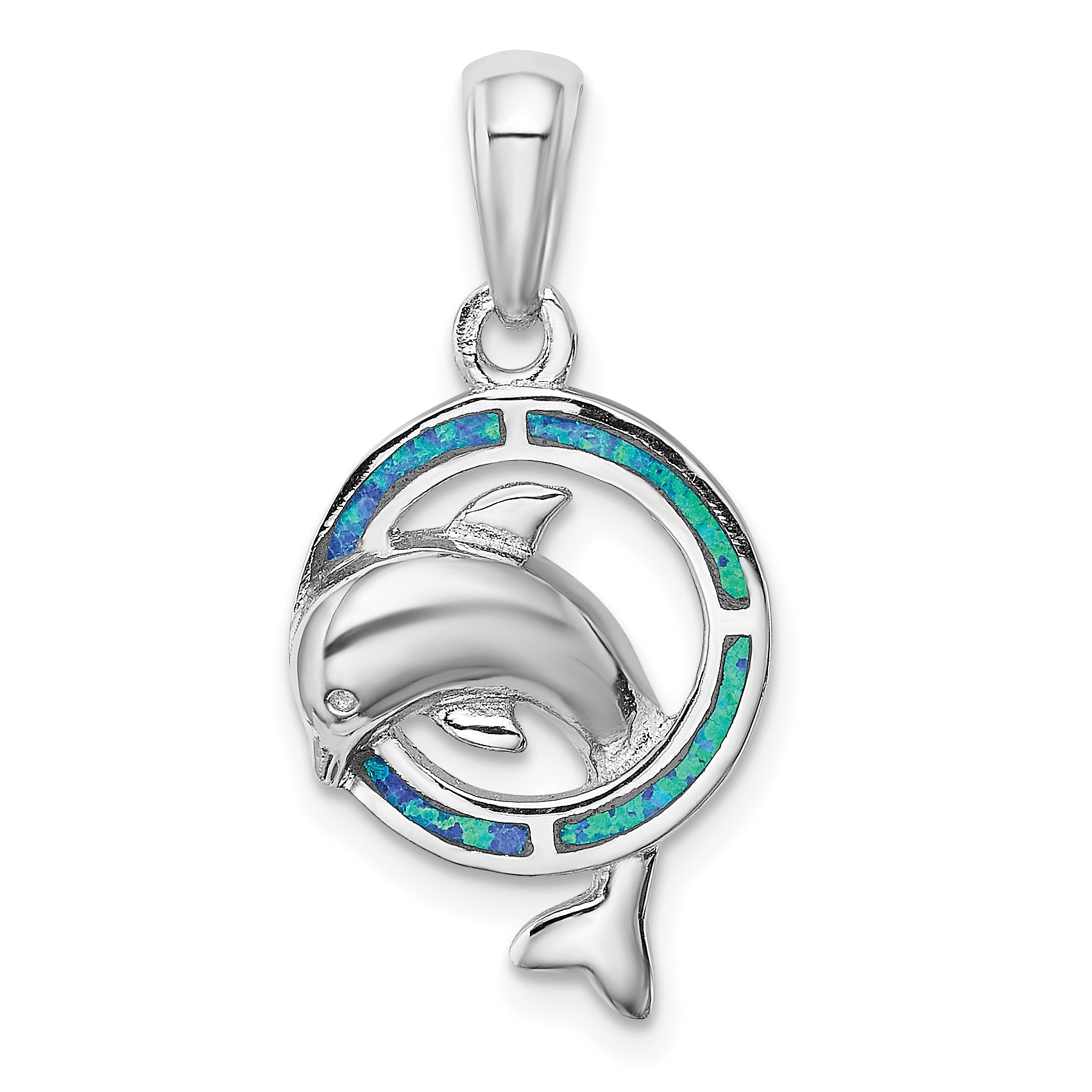 Sterling Silver Rhod-plated Blue Inlay Created Opal Dolphin Pendant Main image