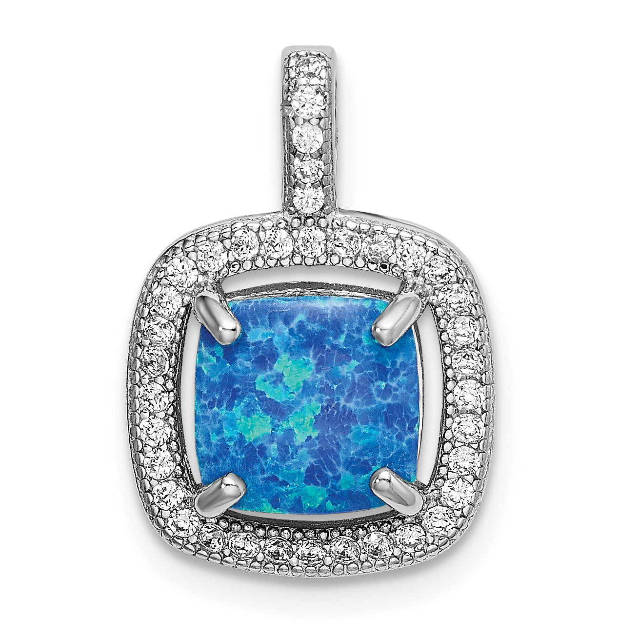 Sterling Silver Rhodium-plated Blue Square Created Opal w/CZ Pendant Main image