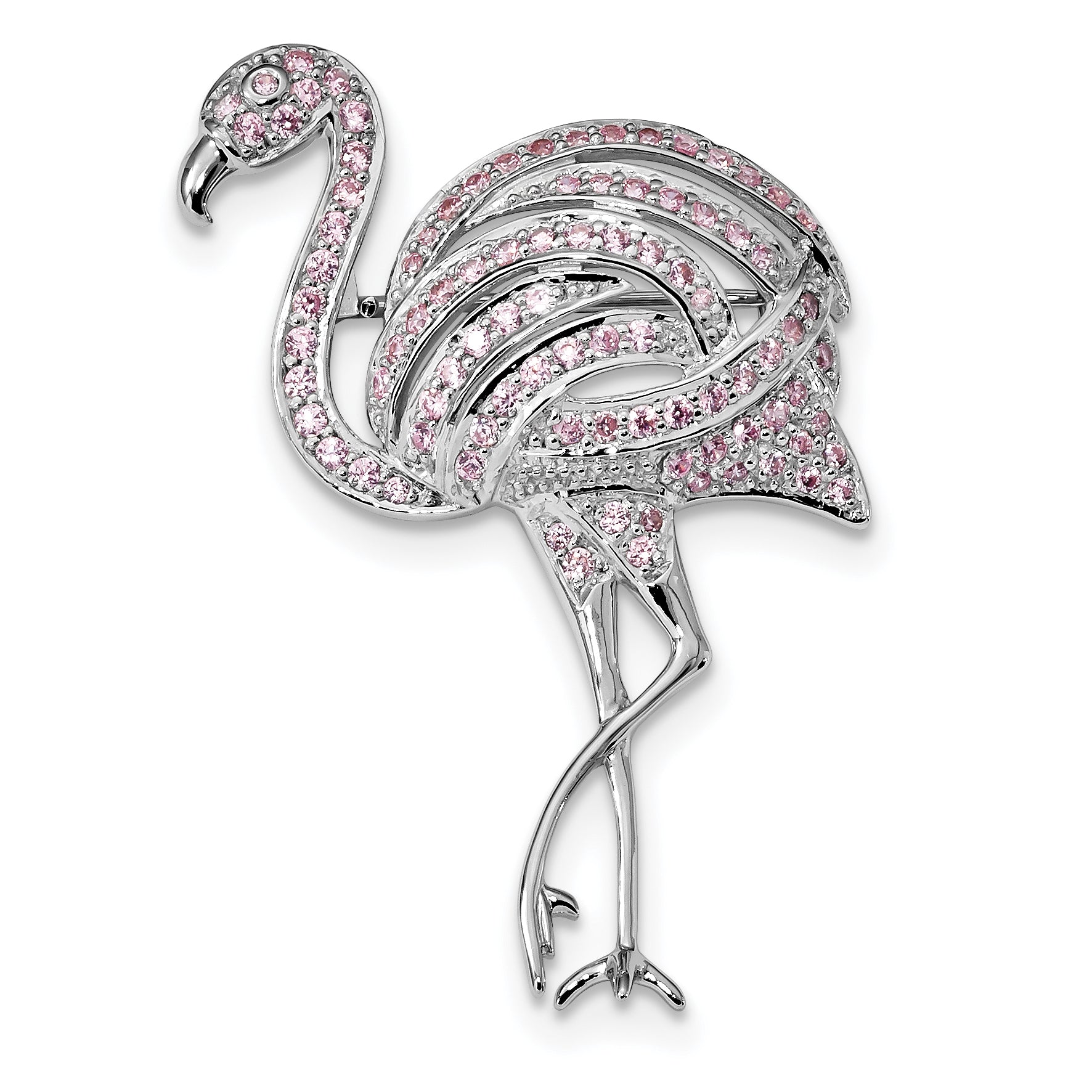 Sterling Silver Rhodium-plated Pink CZ Flamingo Pin Brooch