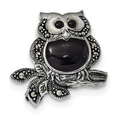Sterling Silver Antiqued Marcasite/Mother of Pearl/Black Agate Owl Pin
