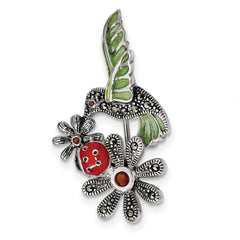 Sterling Silver Antiqued Epoxy Marcasite Red Glass Ladybug Flower Pin