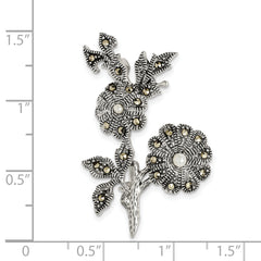 Sterling Silver Antiqued Marcasite and Acrylic Pearl Flowers Pin