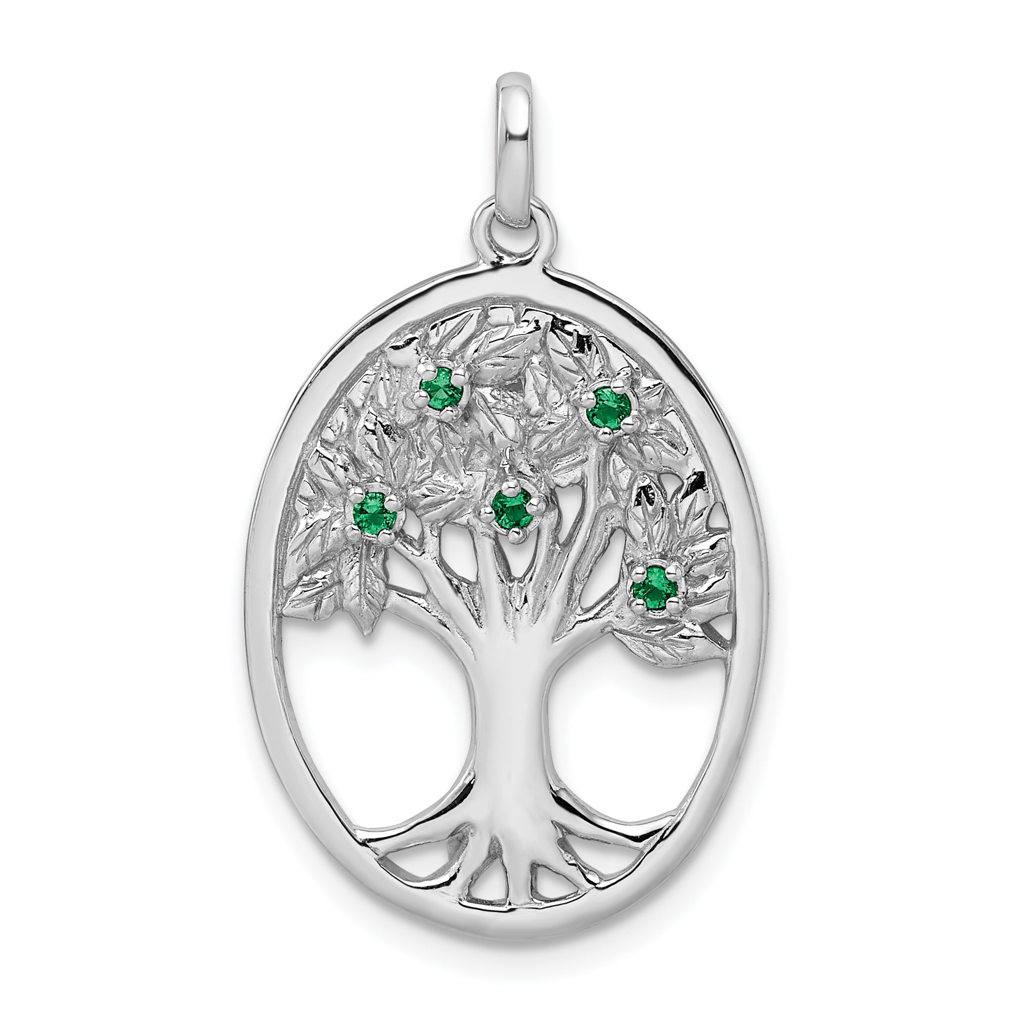 Sterling Silver Rhodium-plated Green Glass Buds Oval Tree Pendant Main image