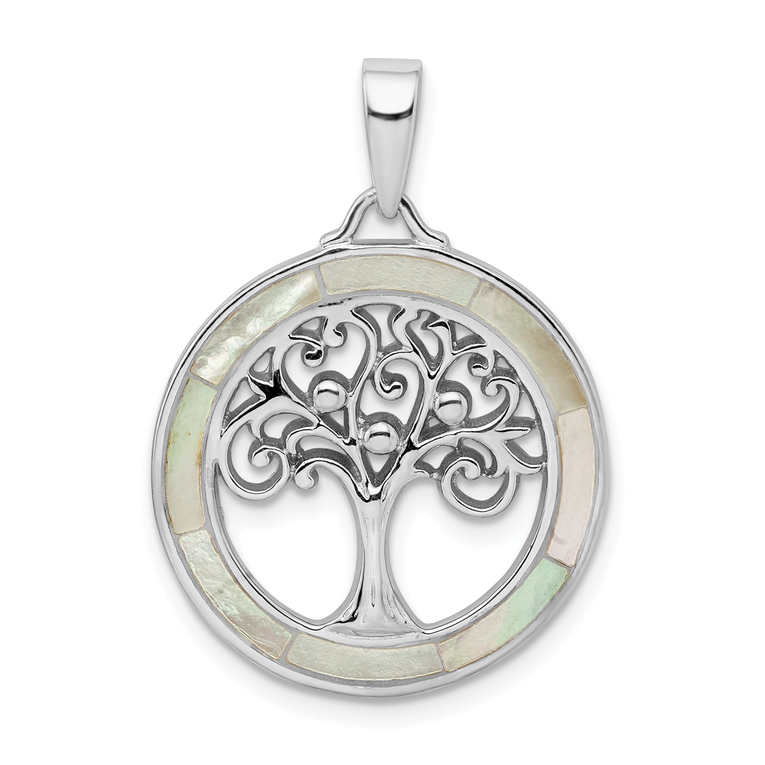 Sterling Silver Rhodium-plated White MOP Tree of Life Pendant Main image