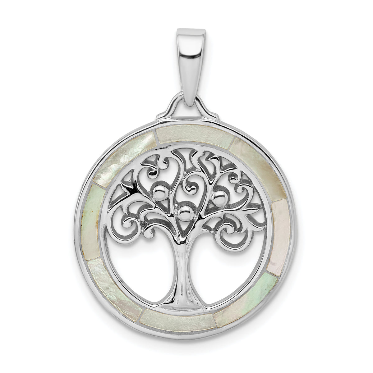 Sterling Silver Rhodium-plated White MOP Tree of Life Pendant