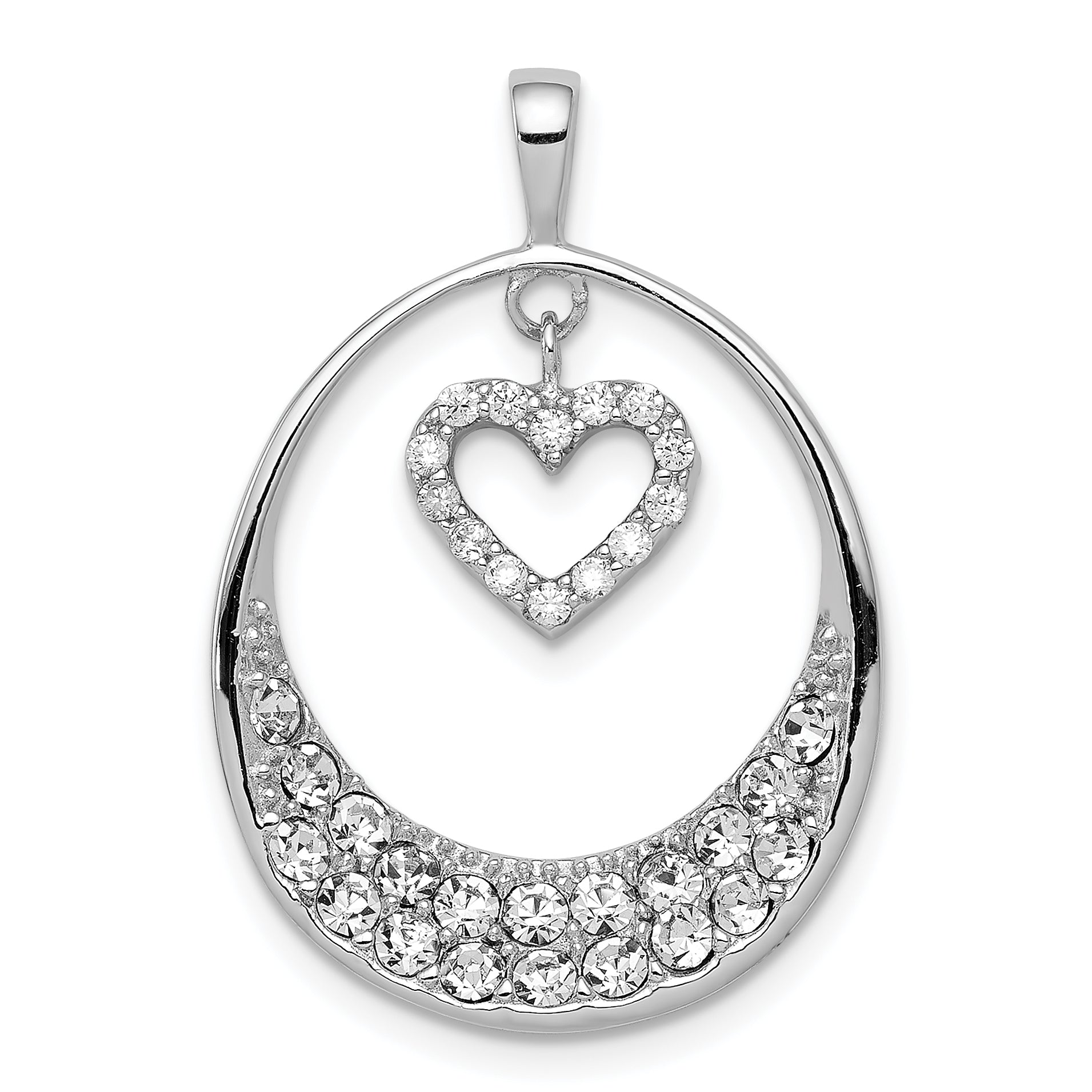 Sterling Silver Rhodium-plated CZ Oval w/Dangle Heart Pendant Main image
