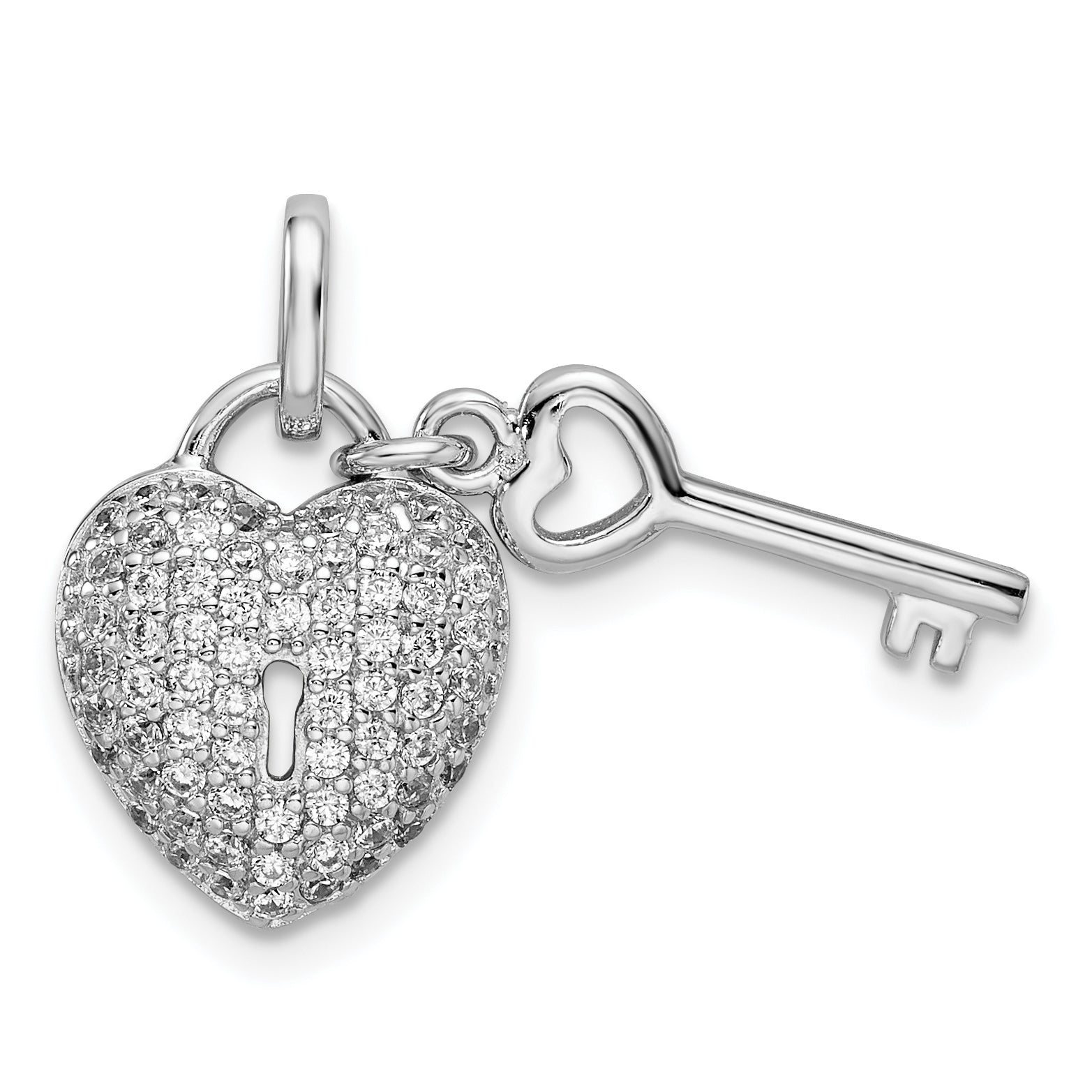 Sterling Silver Rhodium-plated CZ Heart Lock & Key Pendant Main image