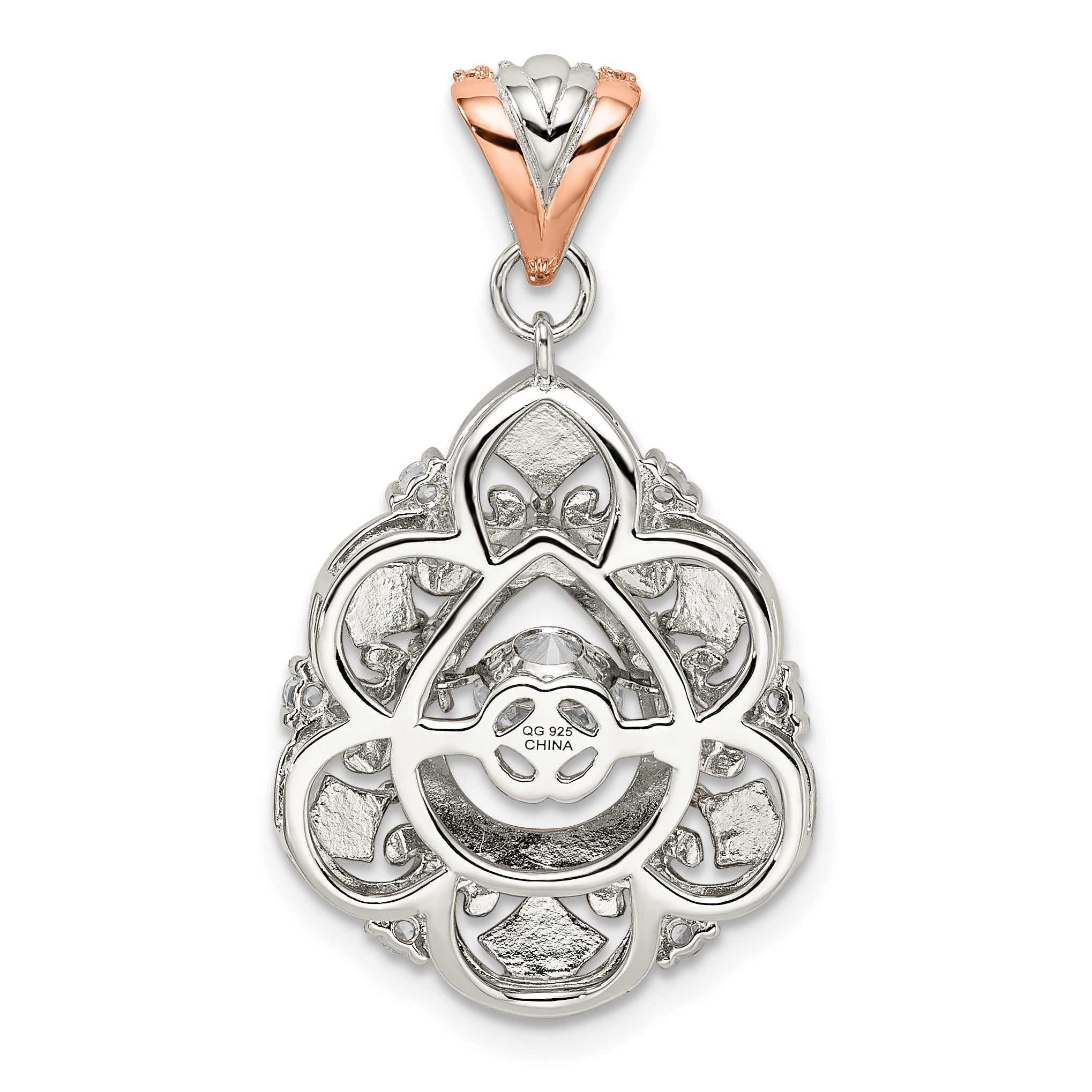 Sterling Silver Plat-plate Rose-tone Vibrant Crystal Zircon Fancy Pendant