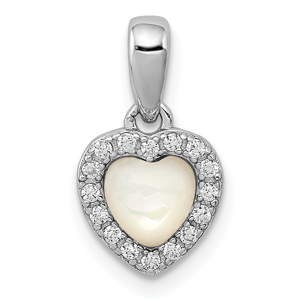 Sterling Silver Rhodium-plated Mother of Pearl and CZ Heart Pendant