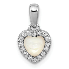 Sterling Silver Rhodium-plated Mother of Pearl and CZ Heart Pendant