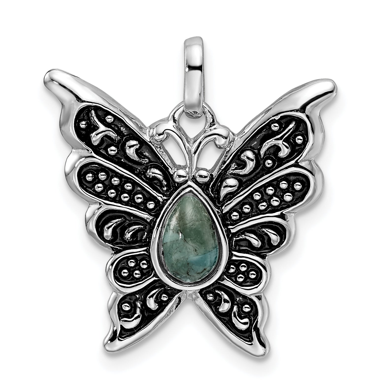 Sterling Silver Rhodium/Oxidized Reconstituted Turquoise Butterfly Pendant Main image