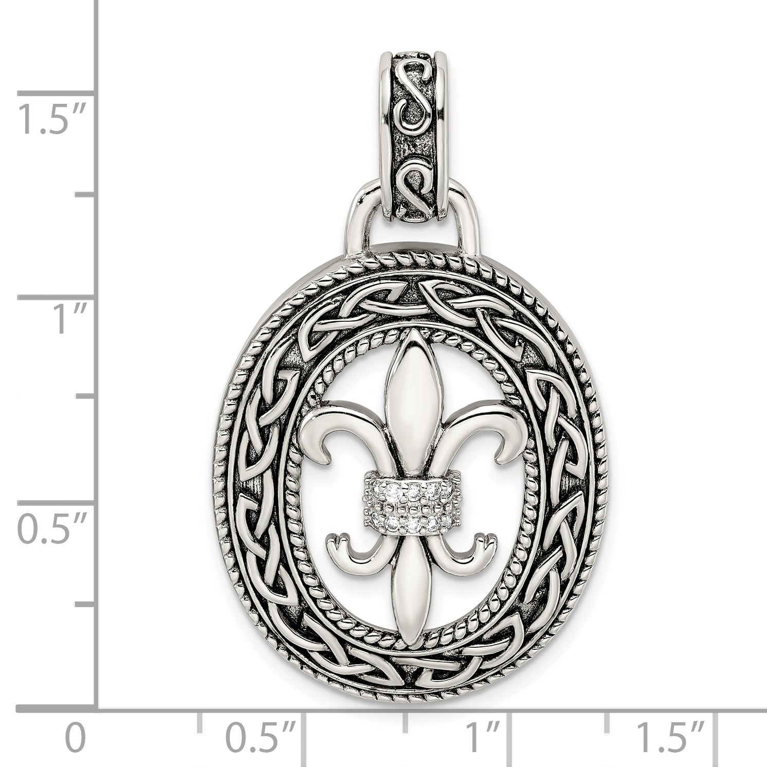 Sterling Silver CZ Antiqued Filigree Fleur de Lis Pendant
