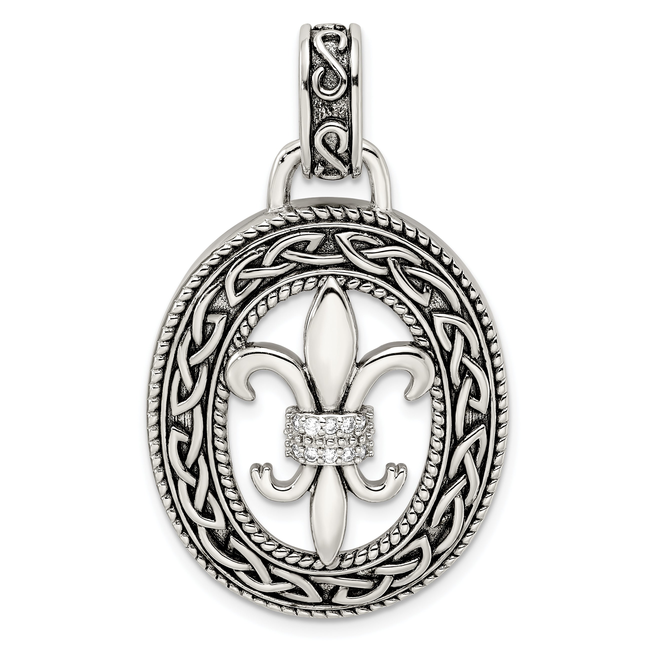 Sterling Silver CZ Antiqued Filigree Fleur de Lis Pendant