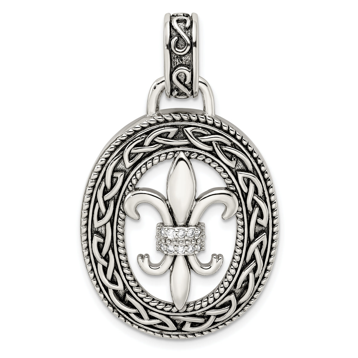 Sterling Silver CZ Antiqued Filigree Fleur de Lis Pendant